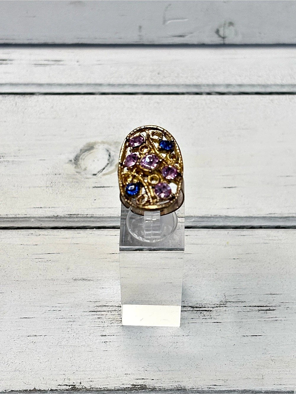 Vintage Gold-Tone Pink/Blue Stone Statement Ring Adjustable